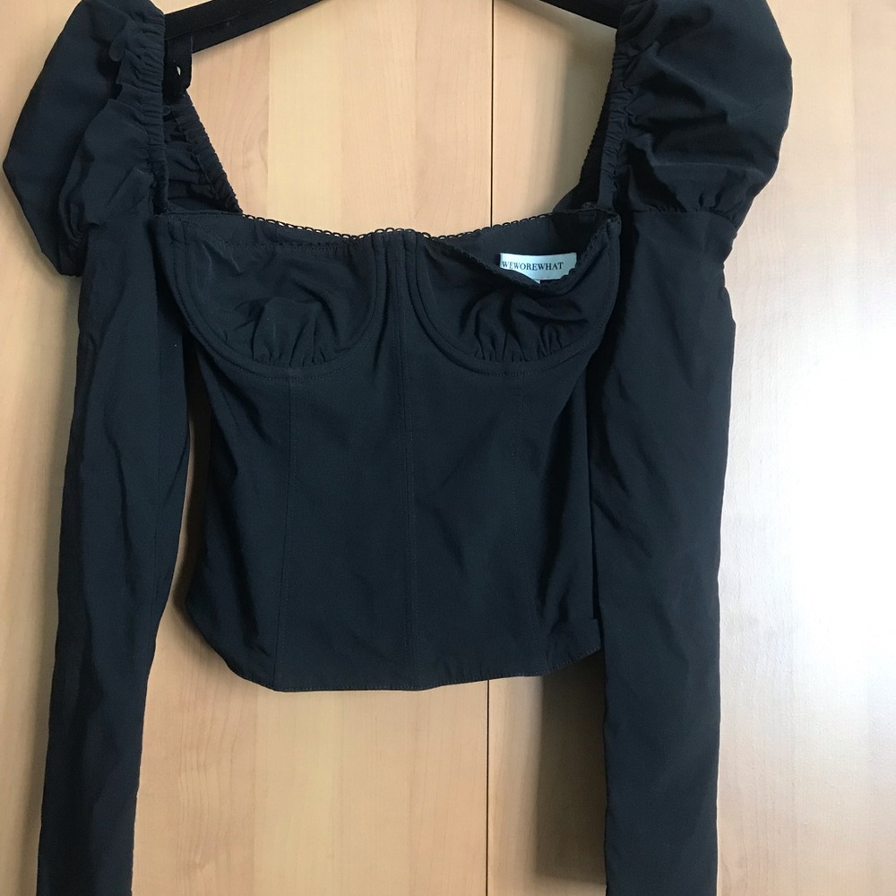 WeWoreWhat Black Puff Sleeve Ruched Blouse